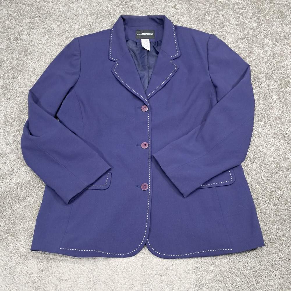 Sag Harbor Womens Navy Blue Contrast Stitch 3 Button Blazer Jacket Size 14
